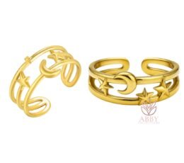 "Crescent and Star" Ring, 18K Gold Plated Steel (Adjustable)