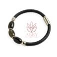 Men’s Black Leather Bracelet with Brown Beads and Silver Stainless Steel Magnetic Clasp