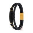 Men’s Gold Accent Leather Bracelet with Matte Black Beaded Design and Magnetic Closure 20-21cm