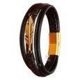Mens Black leather bracelet With leaf Gold Stainless Steel Magnetic Clasp  20-21cm