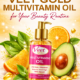 A bright, golden-themed beauty graphic featuring a bottle of Veet Gold Multivitamin Oil surrounded by fresh orange slices, avocado, green leaves, and vitamin capsules. At the top, bold text reads: “The Benefits of Veet Gold Multivitamin Oil for Your Beauty Routine.” The overall design is vibrant, glowing, and luxurious, highlighting skincare and natural ingredients.