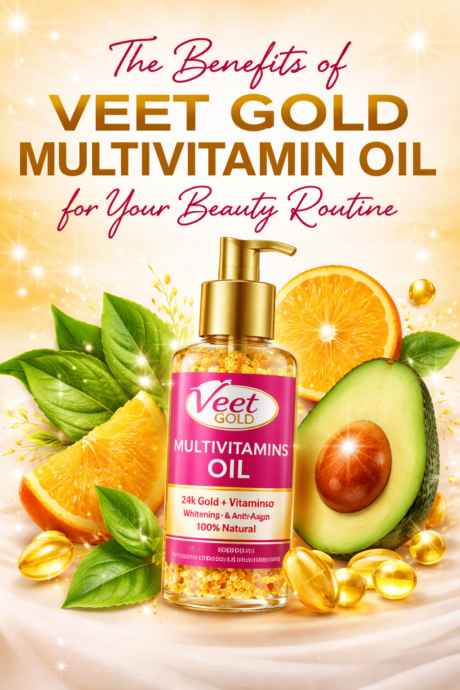 A bright, golden-themed beauty graphic featuring a bottle of Veet Gold Multivitamin Oil surrounded by fresh orange slices, avocado, green leaves, and vitamin capsules. At the top, bold text reads: “The Benefits of Veet Gold Multivitamin Oil for Your Beauty Routine.” The overall design is vibrant, glowing, and luxurious, highlighting skincare and natural ingredients.
