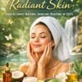 Woman with glowing skin enjoying a natural skincare routine by a waterfall, surrounded by organic skincare ingredients and botanical oils, representing a radiant natural skincare routine in 2025.