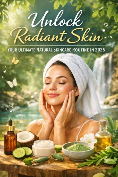 Woman with glowing skin enjoying a natural skincare routine by a waterfall, surrounded by organic skincare ingredients and botanical oils, representing a radiant natural skincare routine in 2025.