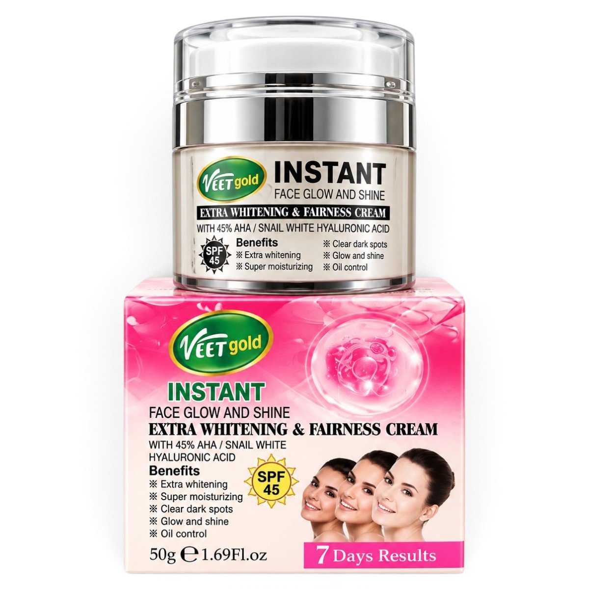 transparent-Photoroom-70 Veet Gold Instant Face Glow & Shine Brightening Cream SPF45 50ML - Image 1