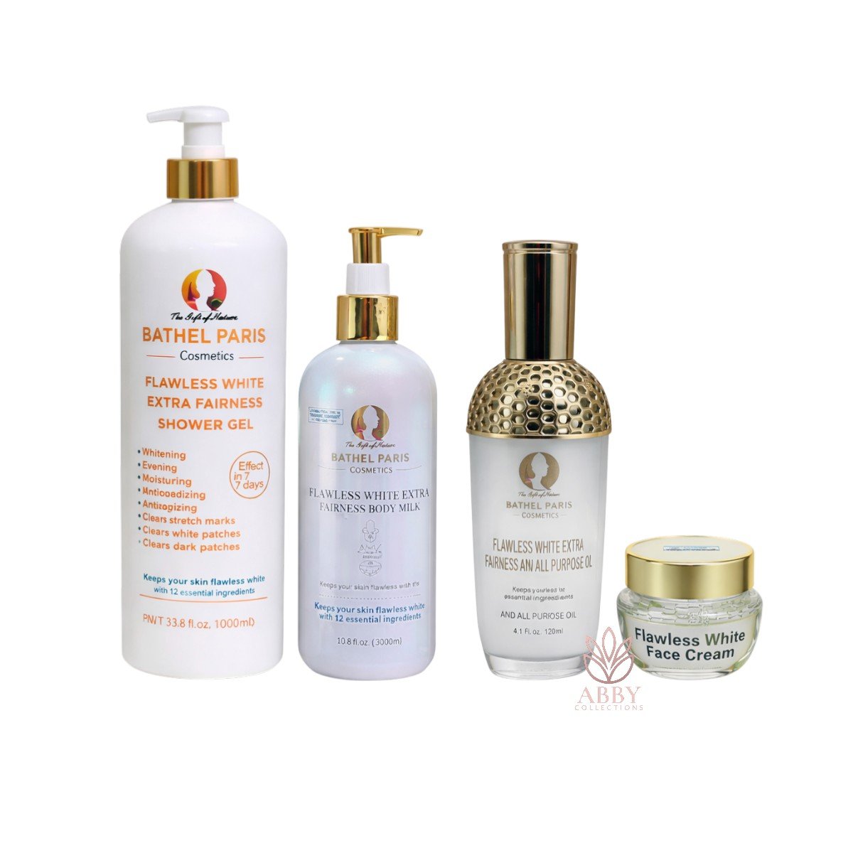 ----Photoroom Flawless White Extra Fairness Lotion + Shower Milk Gel + Face Cream+ Serum (4Pcs) - Image 1