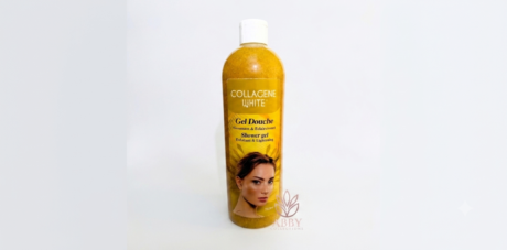 An optimized blog image of Collagene White Gel Douche (Exfoliant & Lightening Shower Gel) in a 750ml yellow bottle featuring a woman's face on the label, neatly centered on a bright white background with a subtle Abby Collections watermark at the base.