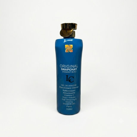 A clean product shot of the Original Snapchat Diamant Bleu Gel de Douche (Intense Whitening Shower Gel) in its signature 1000ml glossy blue bottle with a gold cap, centered against a seamless white background.
